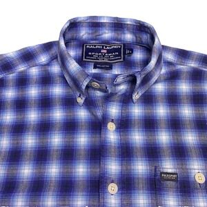 Ralph Lauren Sportsman Shirt L Mens L/S Button Down Overshirt Blue Plaid VGUC